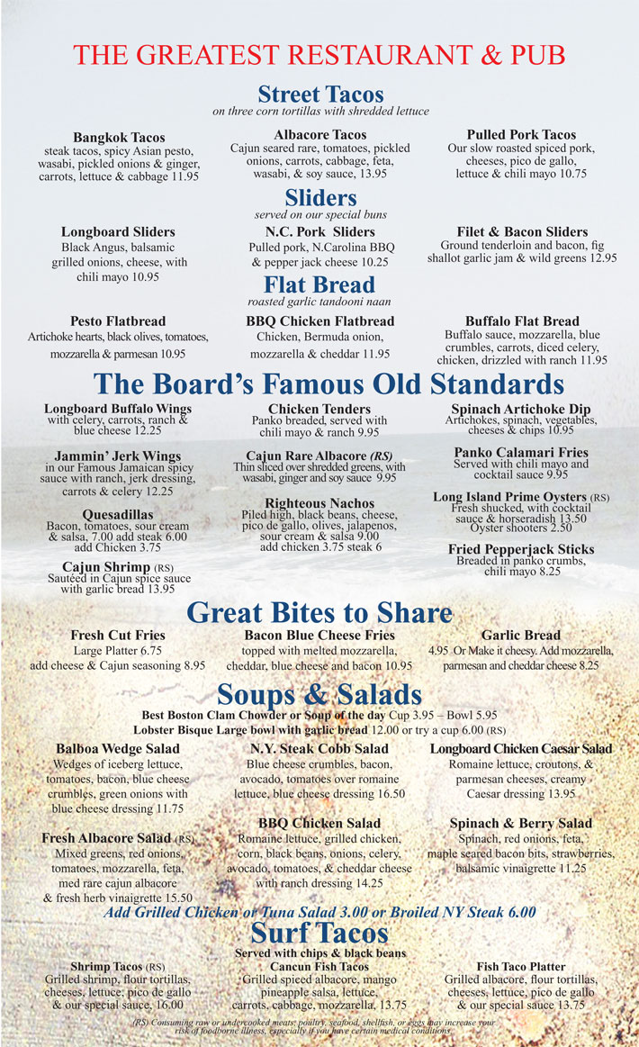 Menu | The Longboard Restaurant and Pub Springdale - Huntington Beach ...