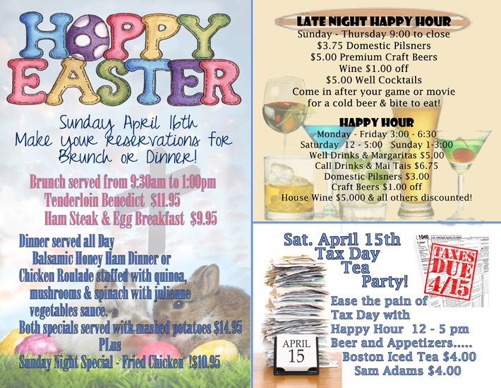 Read more about the article Specials – Easter, Tax Day and Happy Hour